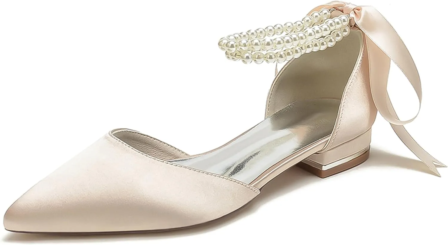 Minishion Beaded Wedding Flats Shoes for Women Girls Ankle Chain Evening Formal Pumps with Ribbon MS321