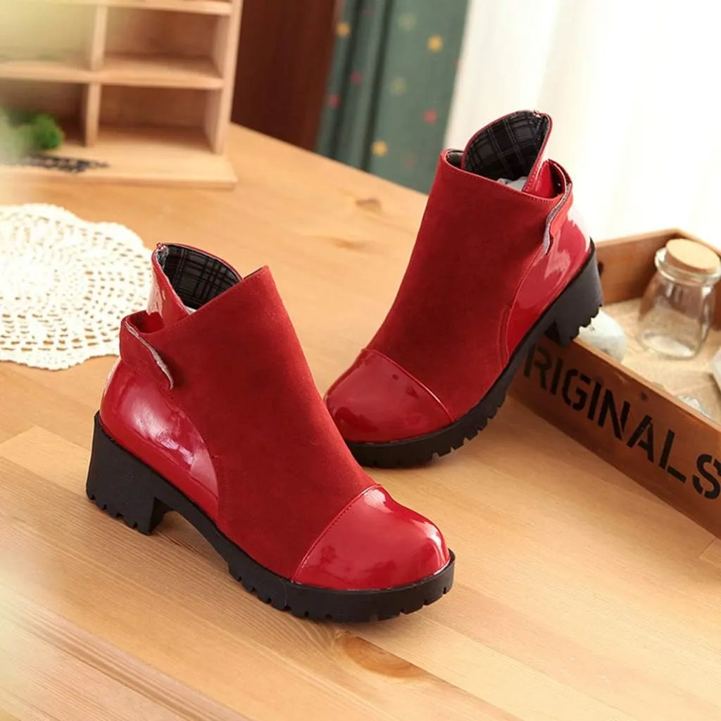 MIOKE Women's Round Toe Dressy Ankle Booties Platform Hook & Loop Chunky Mid Heel Casual Walking Short Boots