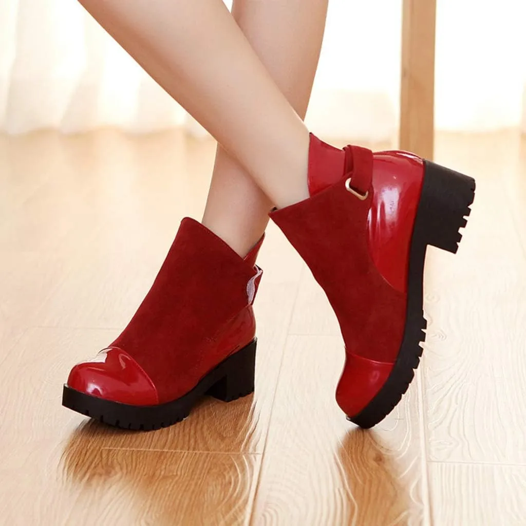 MIOKE Women's Round Toe Dressy Ankle Booties Platform Hook & Loop Chunky Mid Heel Casual Walking Short Boots