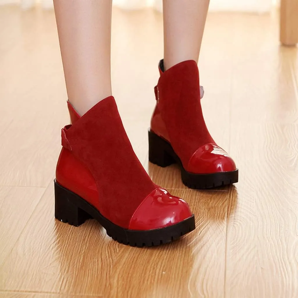 MIOKE Women's Round Toe Dressy Ankle Booties Platform Hook & Loop Chunky Mid Heel Casual Walking Short Boots