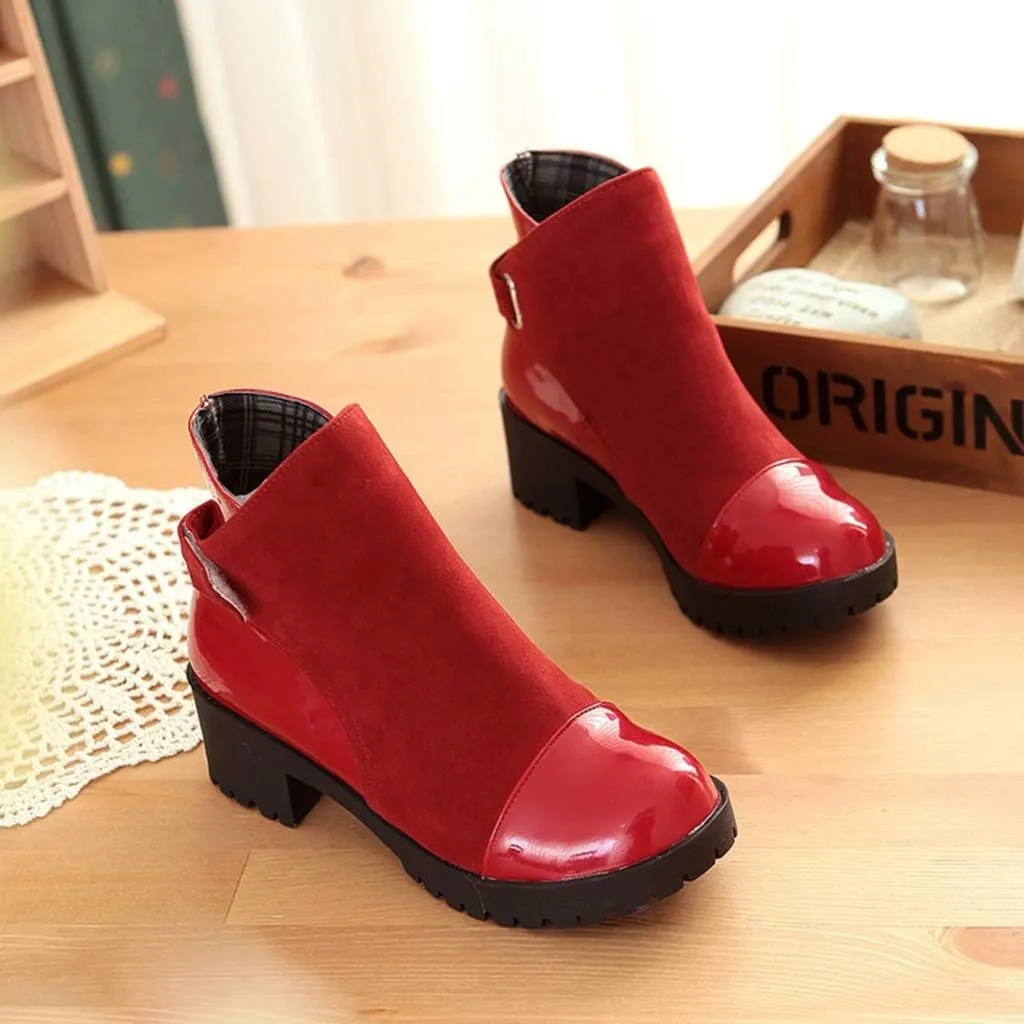MIOKE Women's Round Toe Dressy Ankle Booties Platform Hook & Loop Chunky Mid Heel Casual Walking Short Boots