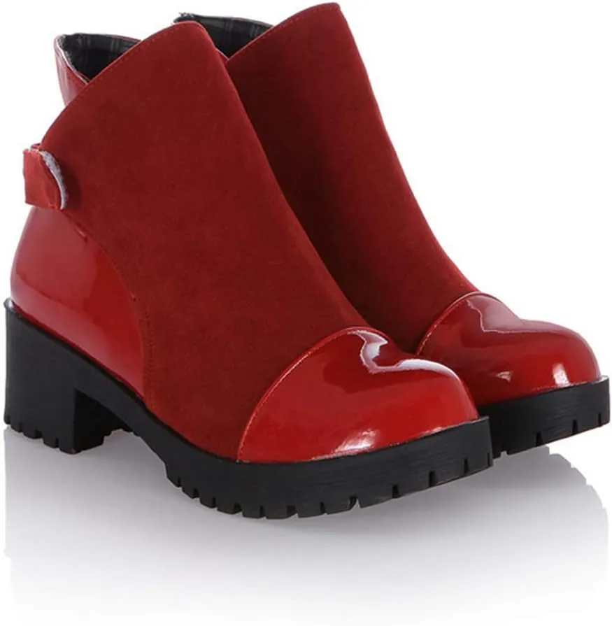 MIOKE Women's Round Toe Dressy Ankle Booties Platform Hook & Loop Chunky Mid Heel Casual Walking Short Boots