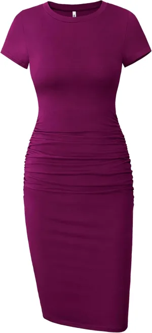 Missufe Women's Short Sleeve Ruched Casual Sundress Midi Bodycon T Shirt Dress
