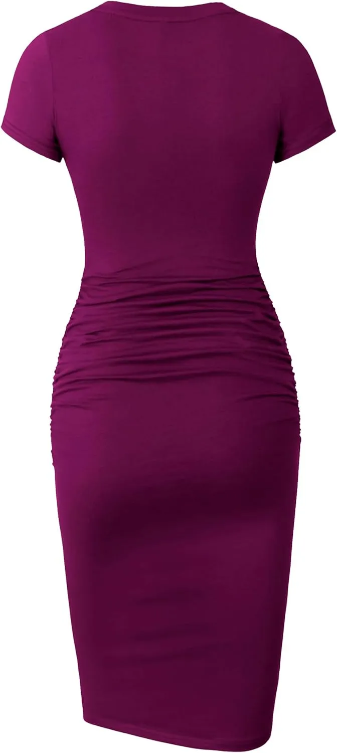 Missufe Women's Short Sleeve Ruched Casual Sundress Midi Bodycon T Shirt Dress