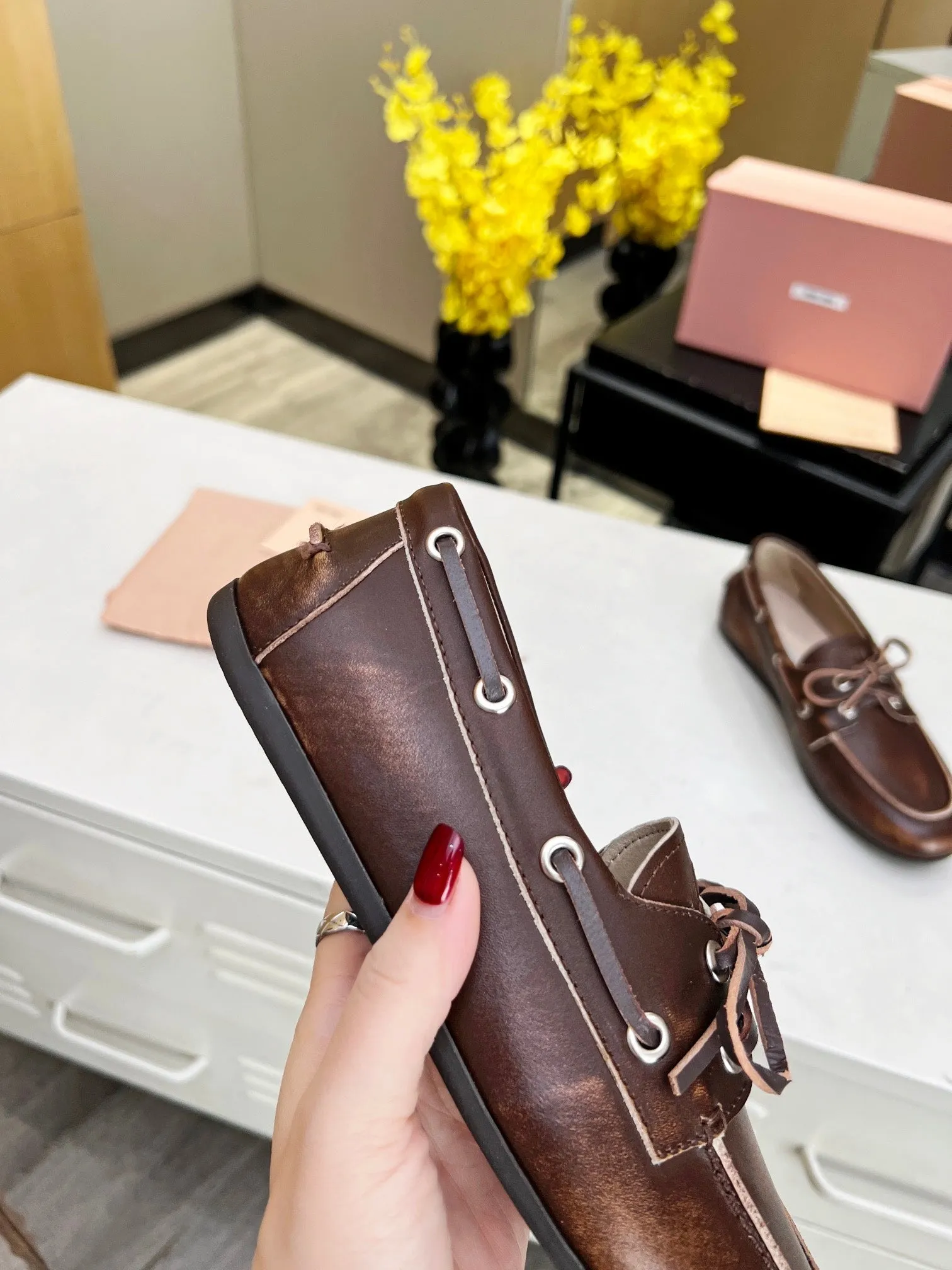 Miu Loafers Chocolate Brown Calfskin