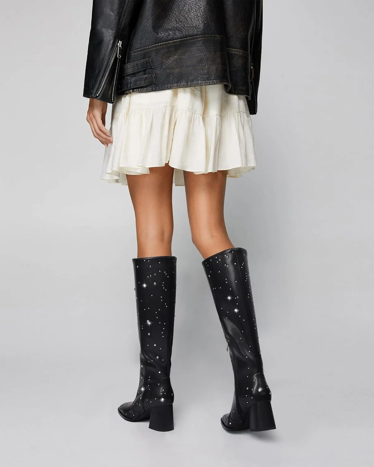 MUCCCUTE Knee High Boots for Women Square Toe Chunky Heel Side Zipper Rhinestone Sparkly Fashion Tall Long Boots for Ladies