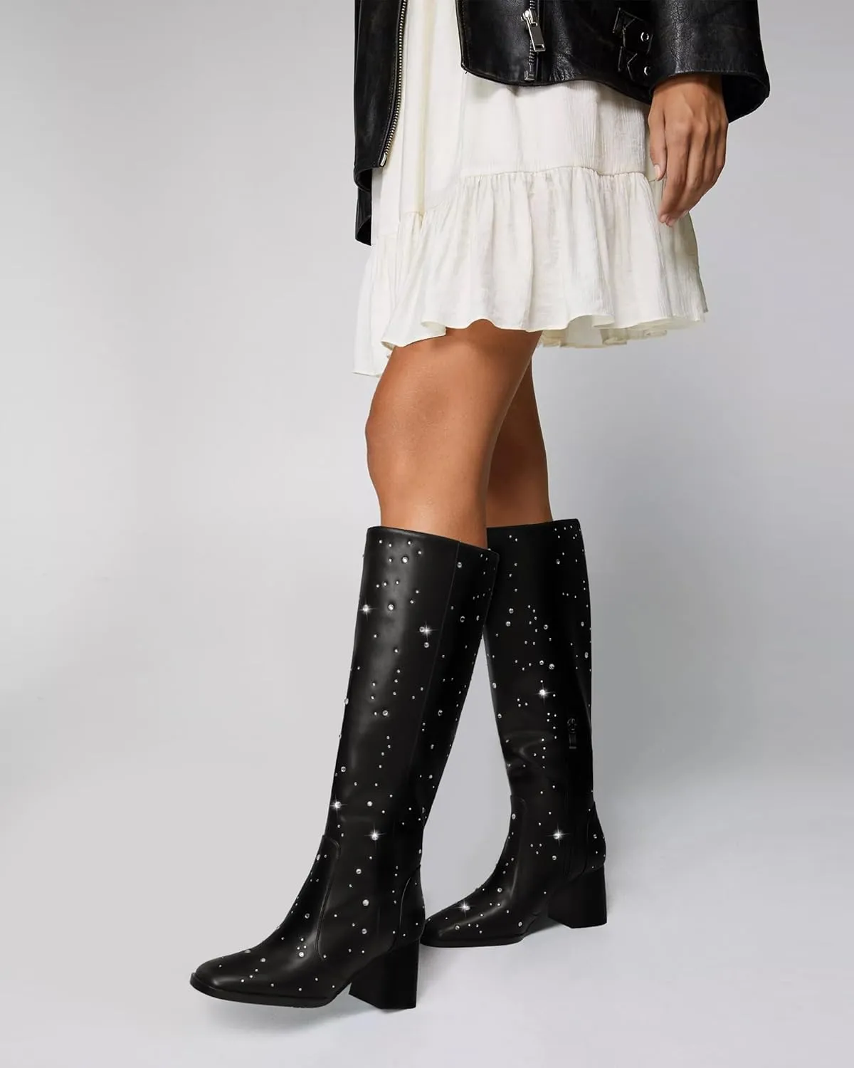 MUCCCUTE Knee High Boots for Women Square Toe Chunky Heel Side Zipper Rhinestone Sparkly Fashion Tall Long Boots for Ladies
