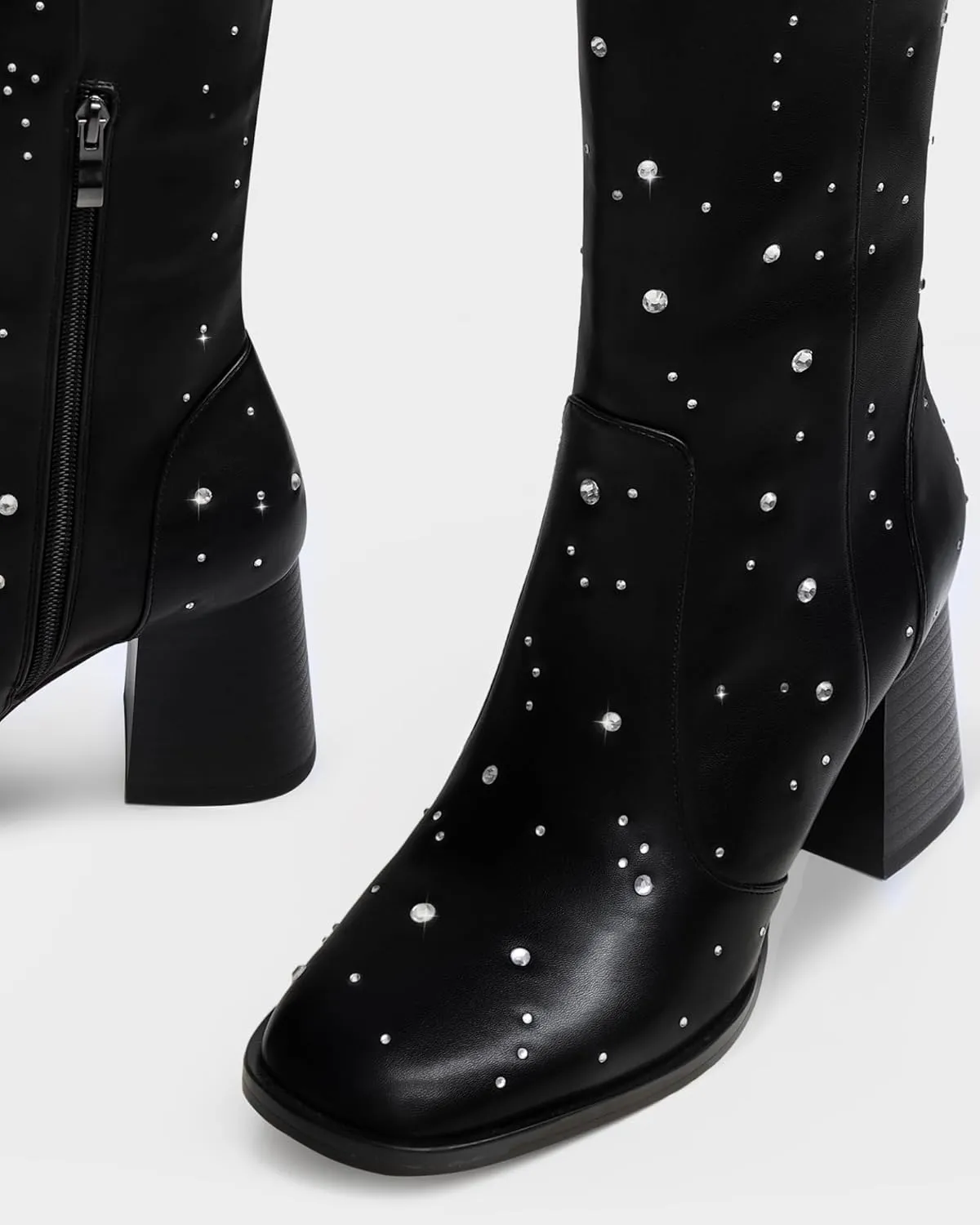 MUCCCUTE Knee High Boots for Women Square Toe Chunky Heel Side Zipper Rhinestone Sparkly Fashion Tall Long Boots for Ladies