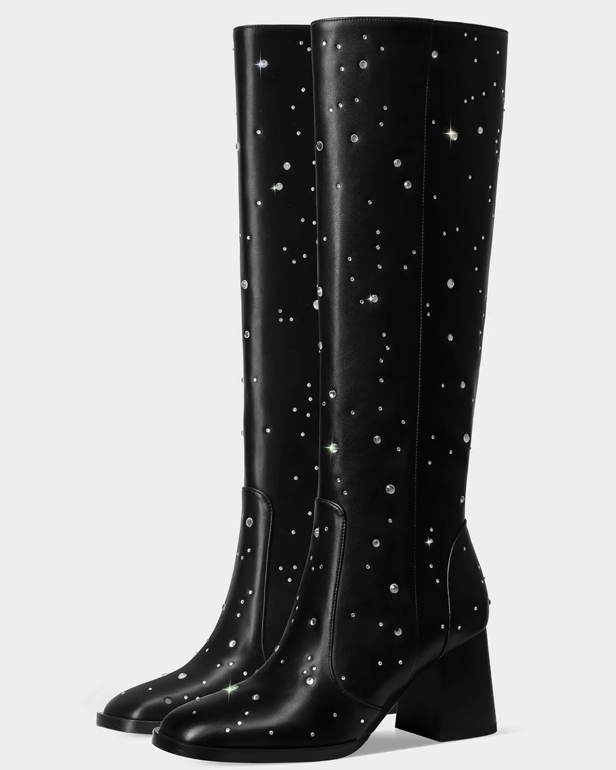 MUCCCUTE Knee High Boots for Women Square Toe Chunky Heel Side Zipper Rhinestone Sparkly Fashion Tall Long Boots for Ladies