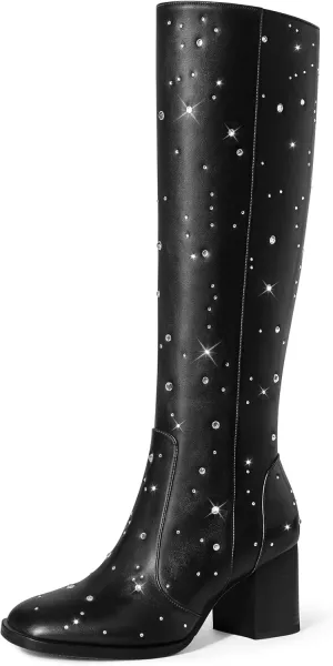 MUCCCUTE Knee High Boots for Women Square Toe Chunky Heel Side Zipper Rhinestone Sparkly Fashion Tall Long Boots for Ladies