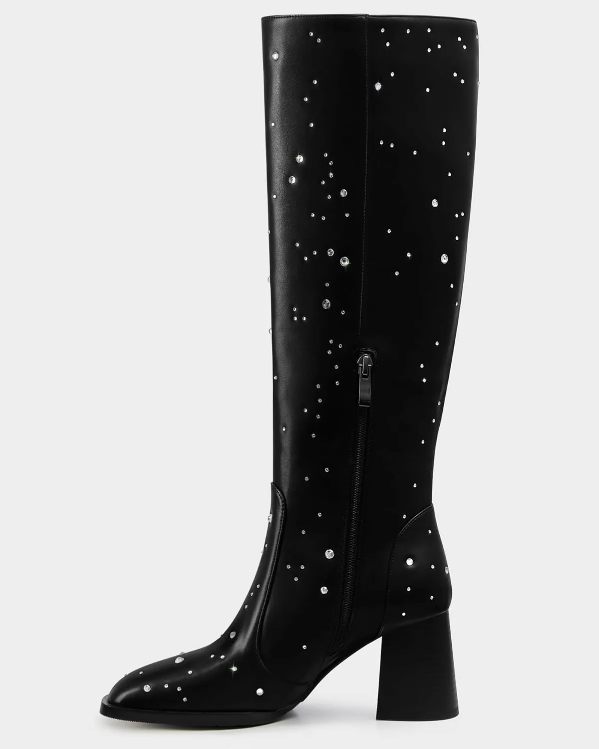 MUCCCUTE Knee High Boots for Women Square Toe Chunky Heel Side Zipper Rhinestone Sparkly Fashion Tall Long Boots for Ladies