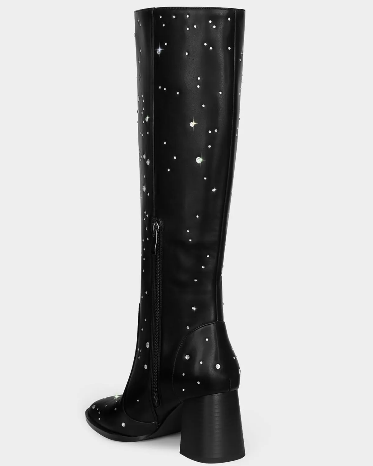 MUCCCUTE Knee High Boots for Women Square Toe Chunky Heel Side Zipper Rhinestone Sparkly Fashion Tall Long Boots for Ladies