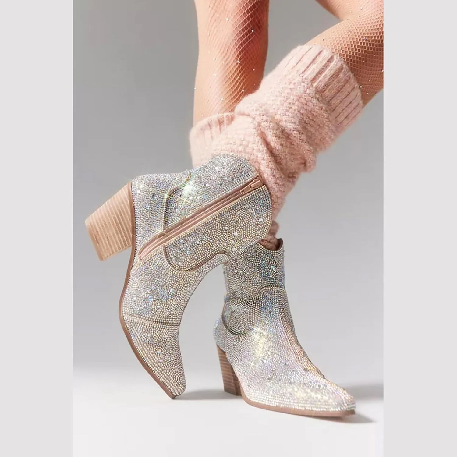 MUCCCUTE Women's Rhinestone Mid Calf Boots Sparkly Block Heel Cowboy Boots Glitter Boots