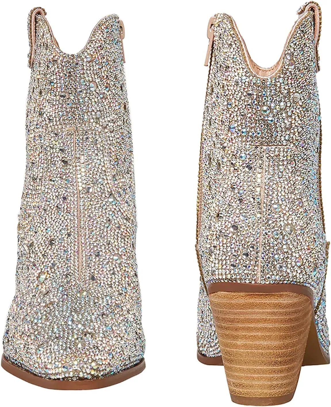 MUCCCUTE Women's Rhinestone Mid Calf Boots Sparkly Block Heel Cowboy Boots Glitter Boots