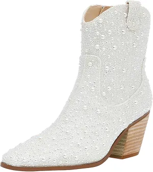 MUCCCUTE Women's Rhinestone Mid Calf Boots Sparkly Block Heel Cowboy Boots Glitter Boots