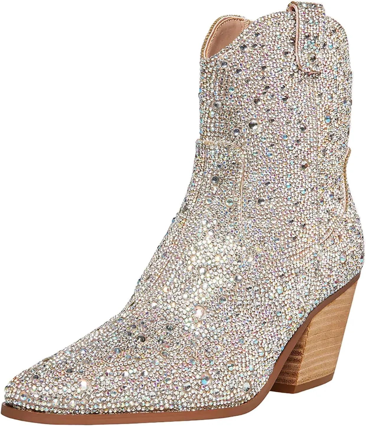 MUCCCUTE Women's Rhinestone Mid Calf Boots Sparkly Block Heel Cowboy Boots Glitter Boots