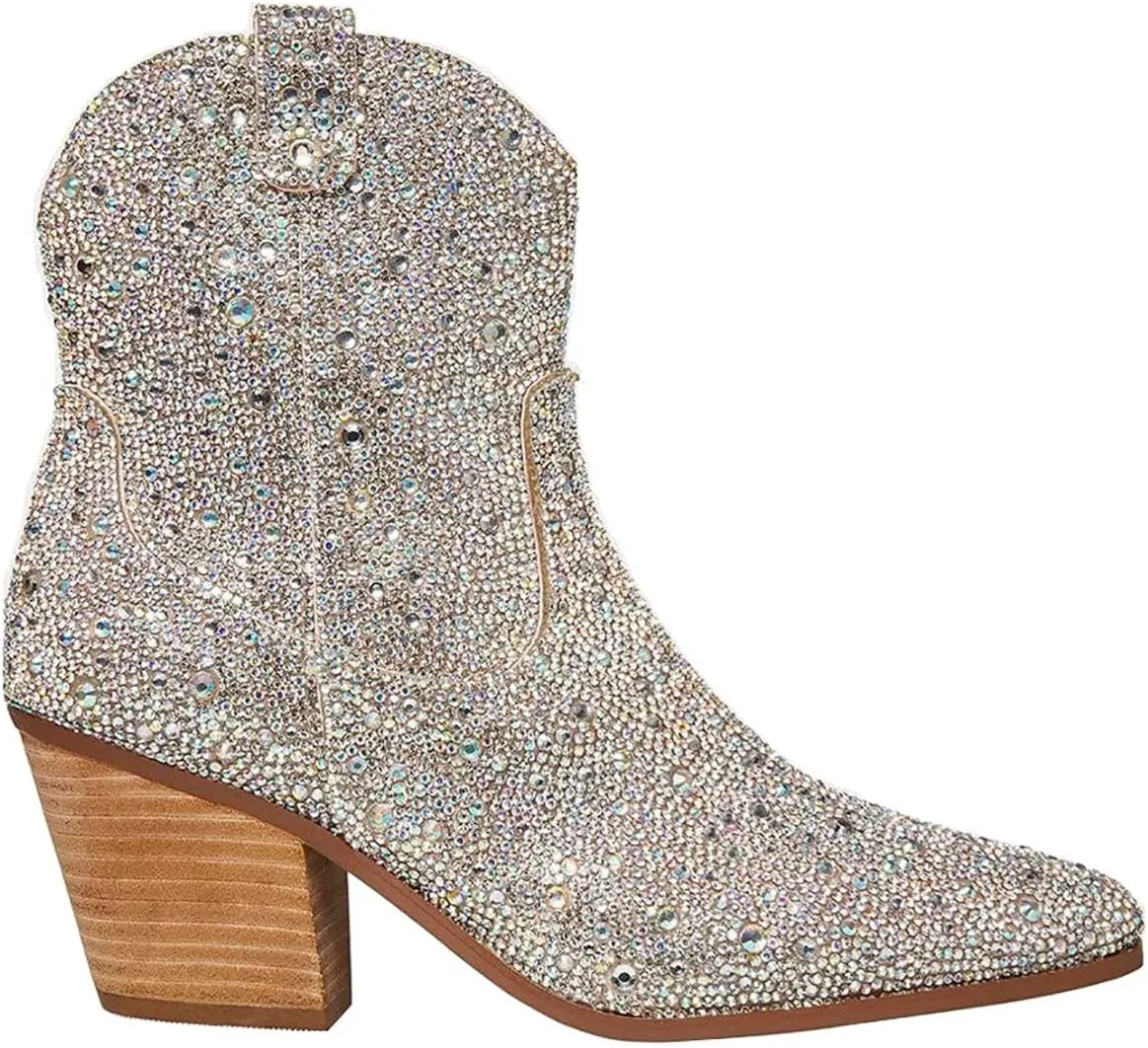 MUCCCUTE Women's Rhinestone Mid Calf Boots Sparkly Block Heel Cowboy Boots Glitter Boots