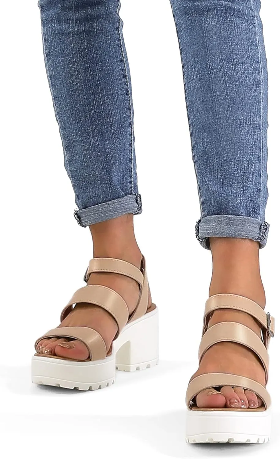 mysoft Women's Platform Sandals Ankle Strap Open Toe Lug Sole 3 Inch Chunky Block Heeled Sandals
