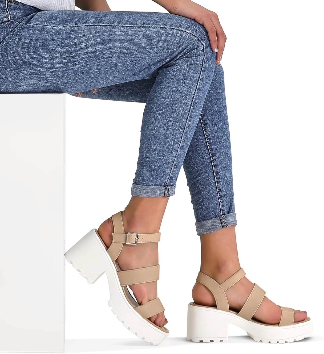 mysoft Women's Platform Sandals Ankle Strap Open Toe Lug Sole 3 Inch Chunky Block Heeled Sandals