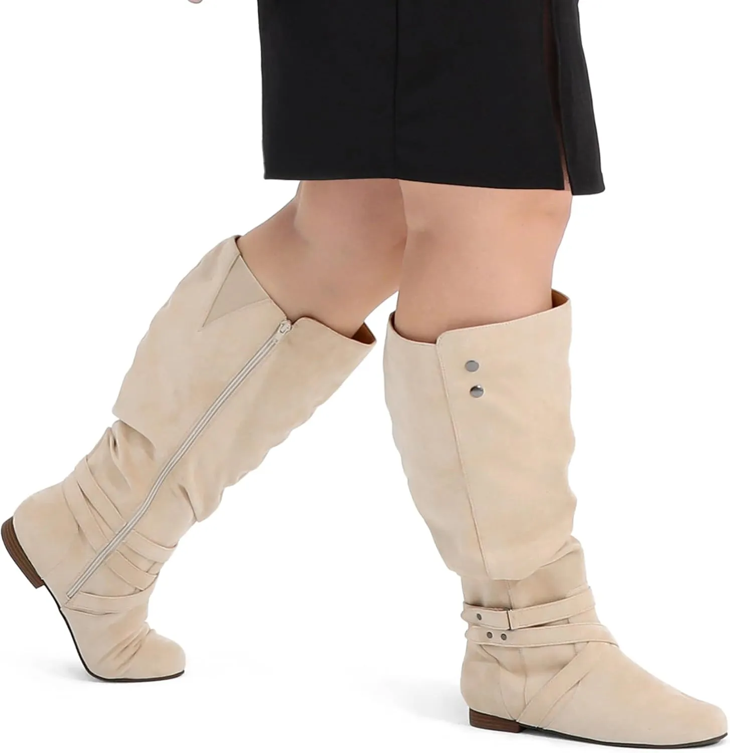 mysoft Women's Wide Calf Knee High Boots Flat Tall Boots with Side Zippers