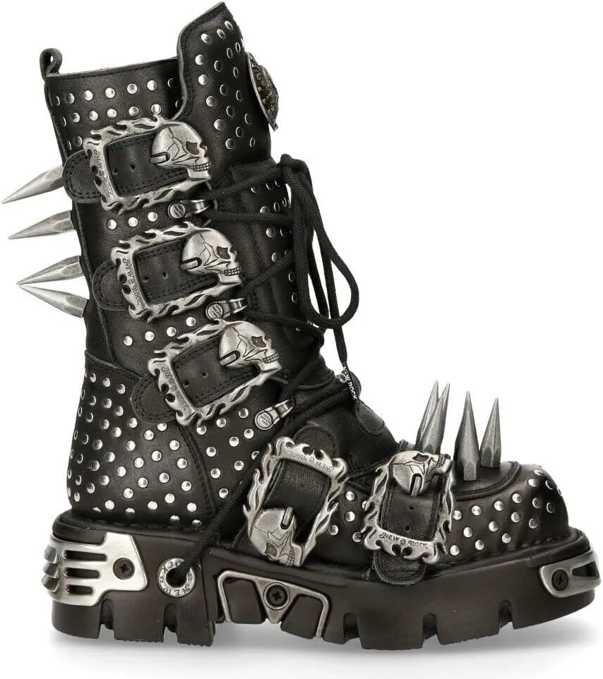 New Rock Boots 1535-S1 Womens Metallic Black Leather Goth Studded Spike Boot