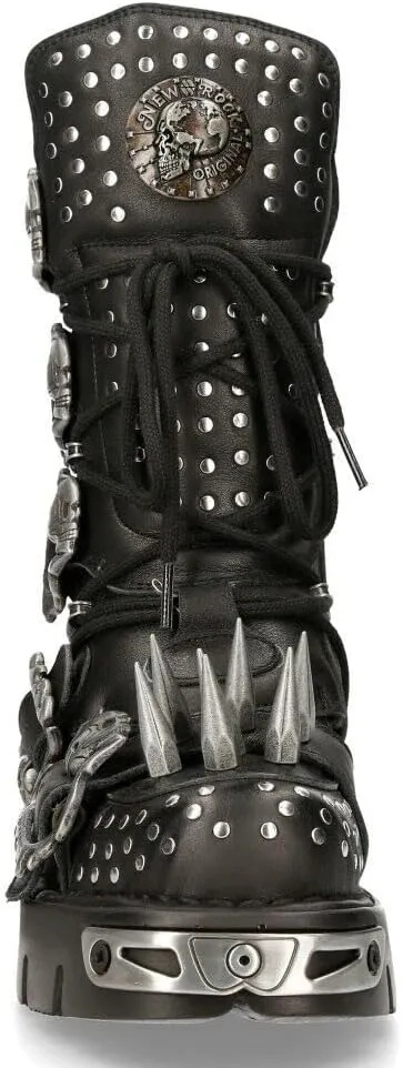 New Rock Boots 1535-S1 Womens Metallic Black Leather Goth Studded Spike Boot