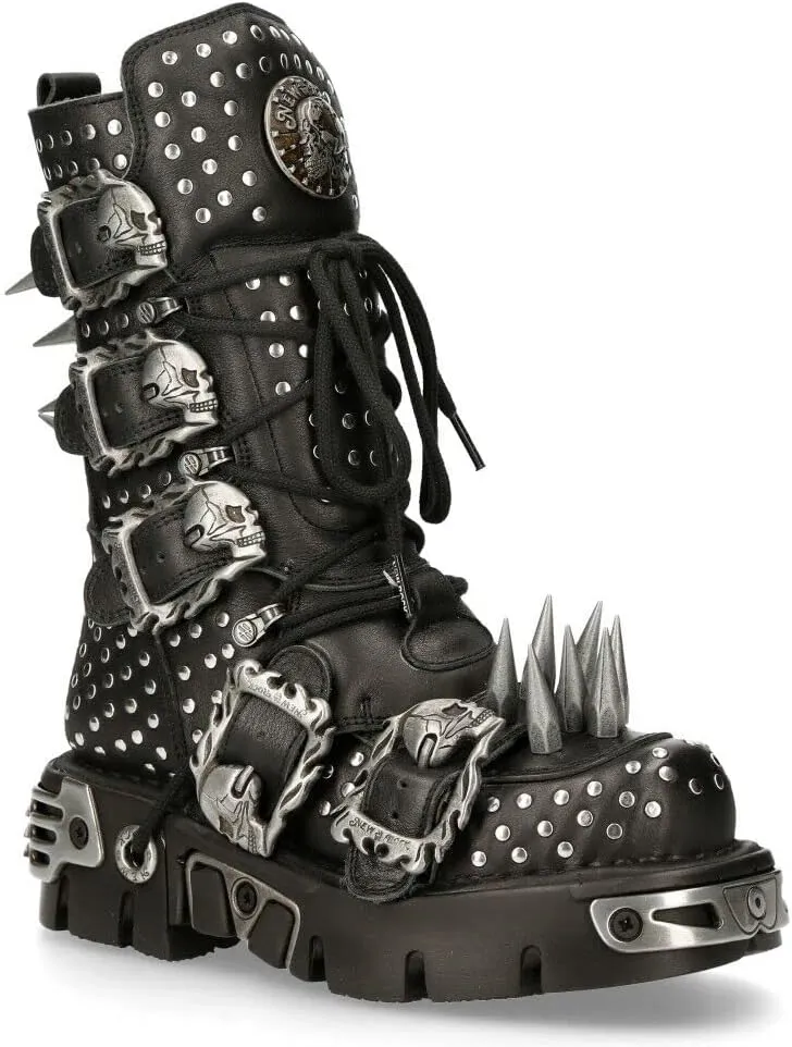 New Rock Boots 1535-S1 Womens Metallic Black Leather Goth Studded Spike Boot
