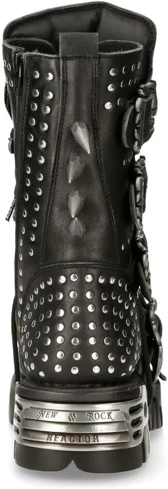New Rock Boots 1535-S1 Womens Metallic Black Leather Goth Studded Spike Boot