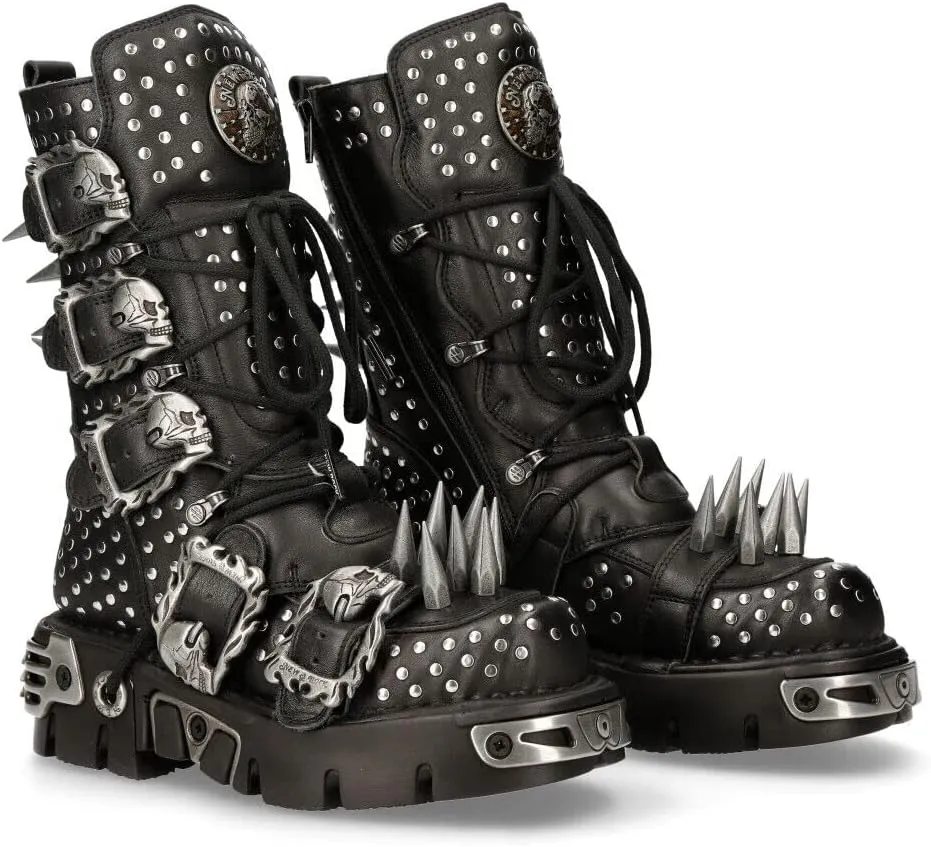 New Rock Boots 1535-S1 Womens Metallic Black Leather Goth Studded Spike Boot