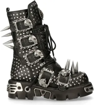 New Rock Boots 1535-S1 Womens Metallic Black Leather Goth Studded Spike Boot