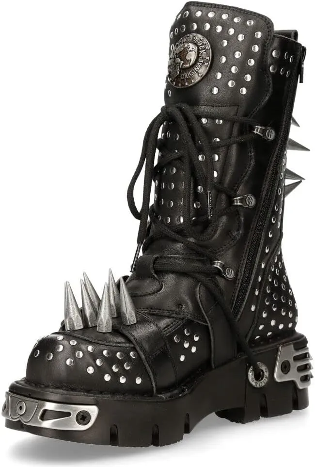 New Rock Boots 1535-S1 Womens Metallic Black Leather Goth Studded Spike Boot