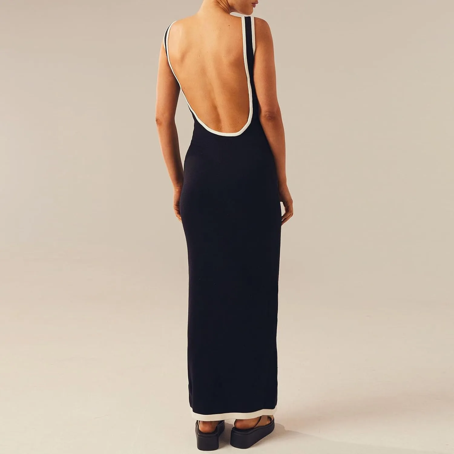 NUFIWI Women Hollow Out Backless Maxi Dress Knitted Spaghetti Strap Bandage Long Dresses Low Cut Bodycon Party Dress