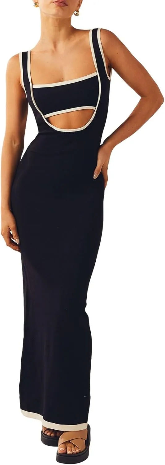 NUFIWI Women Hollow Out Backless Maxi Dress Knitted Spaghetti Strap Bandage Long Dresses Low Cut Bodycon Party Dress