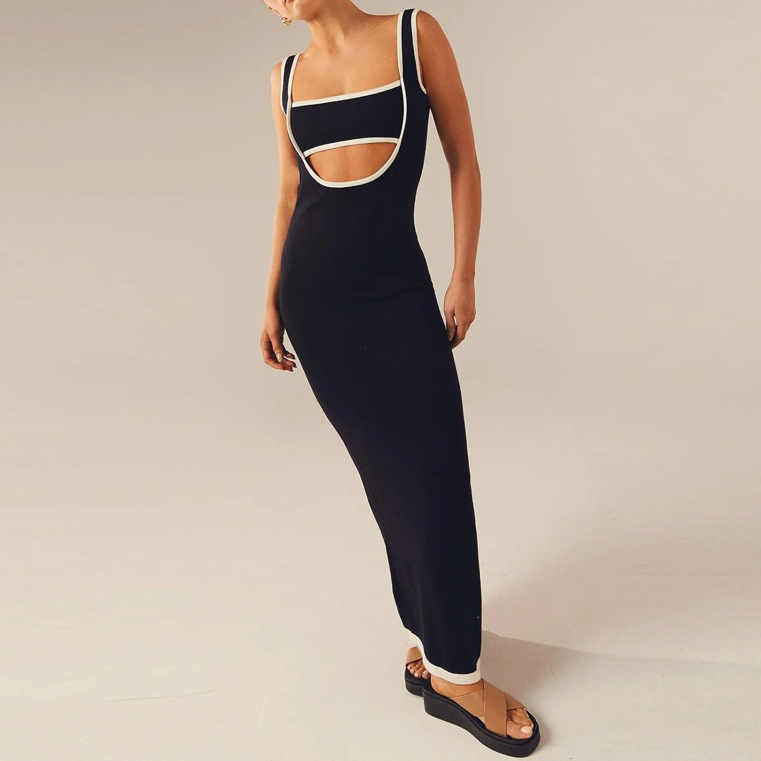 NUFIWI Women Hollow Out Backless Maxi Dress Knitted Spaghetti Strap Bandage Long Dresses Low Cut Bodycon Party Dress