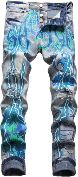 Nutriangee Men's Graffiti Hip Hop Jeans, Ripped Skinny Distressed Destroyed Slim Fit Stretch Casual Printed Pants