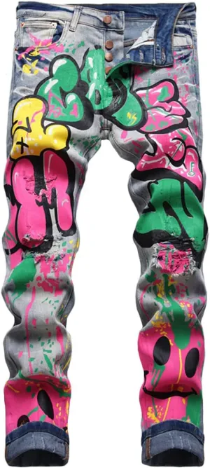 Nutriangee Men's Graffiti Hip Hop Jeans, Ripped Skinny Distressed Destroyed Slim Fit Stretch Casual Printed Pants
