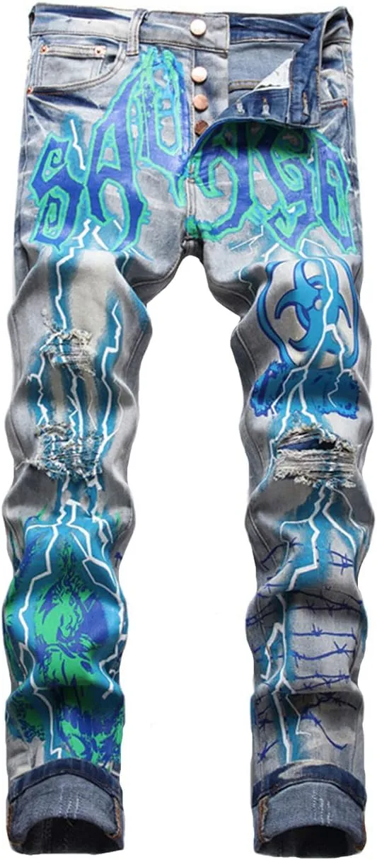 Nutriangee Men's Graffiti Hip Hop Jeans, Ripped Skinny Distressed Destroyed Slim Fit Stretch Casual Printed Pants