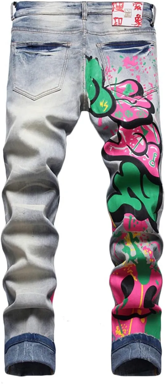 Nutriangee Men's Graffiti Hip Hop Jeans, Ripped Skinny Distressed Destroyed Slim Fit Stretch Casual Printed Pants