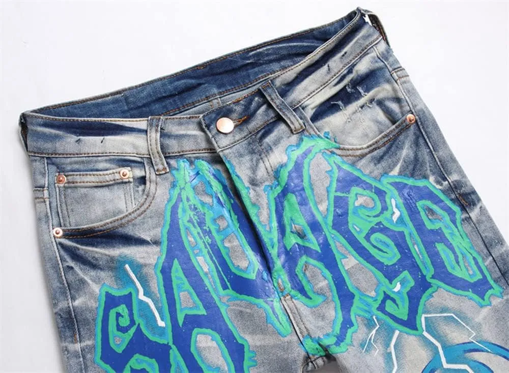 Nutriangee Men's Graffiti Hip Hop Jeans, Ripped Skinny Distressed Destroyed Slim Fit Stretch Casual Printed Pants