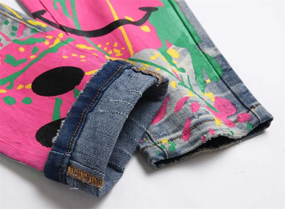 Nutriangee Men's Graffiti Hip Hop Jeans, Ripped Skinny Distressed Destroyed Slim Fit Stretch Casual Printed Pants