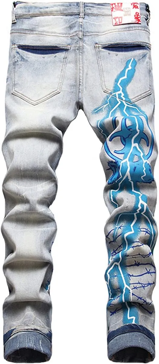 Nutriangee Men's Graffiti Hip Hop Jeans, Ripped Skinny Distressed Destroyed Slim Fit Stretch Casual Printed Pants