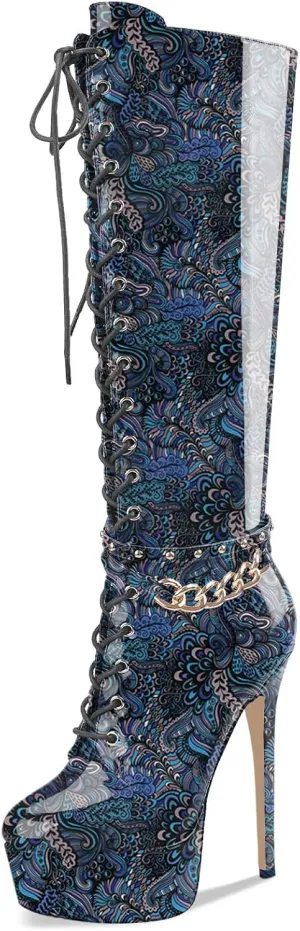 Oh Mispares Platform Knee High Boots Stiletto High Heels Round Closed Toe Lace up Patent Leather Tall Boots for Women 6 inch Studs Long Boots with Gold Chain