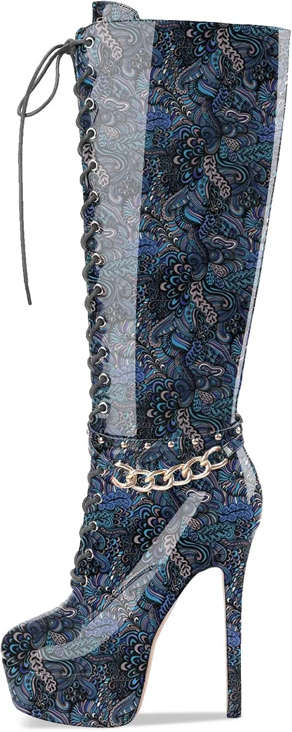 Oh Mispares Platform Knee High Boots Stiletto High Heels Round Closed Toe Lace up Patent Leather Tall Boots for Women 6 inch Studs Long Boots with Gold Chain