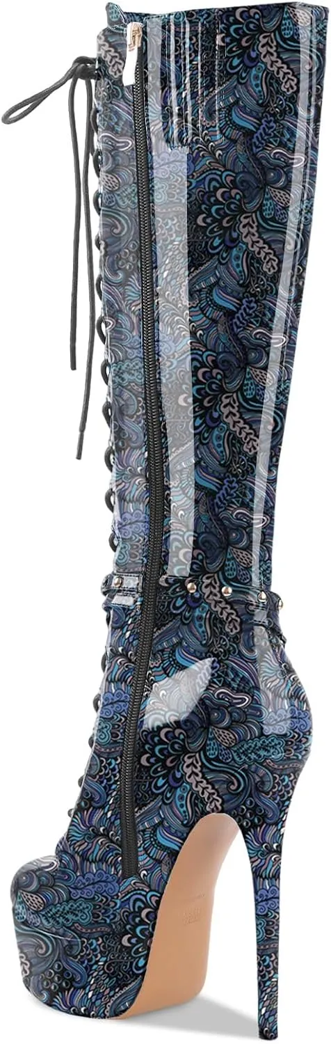 Oh Mispares Platform Knee High Boots Stiletto High Heels Round Closed Toe Lace up Patent Leather Tall Boots for Women 6 inch Studs Long Boots with Gold Chain