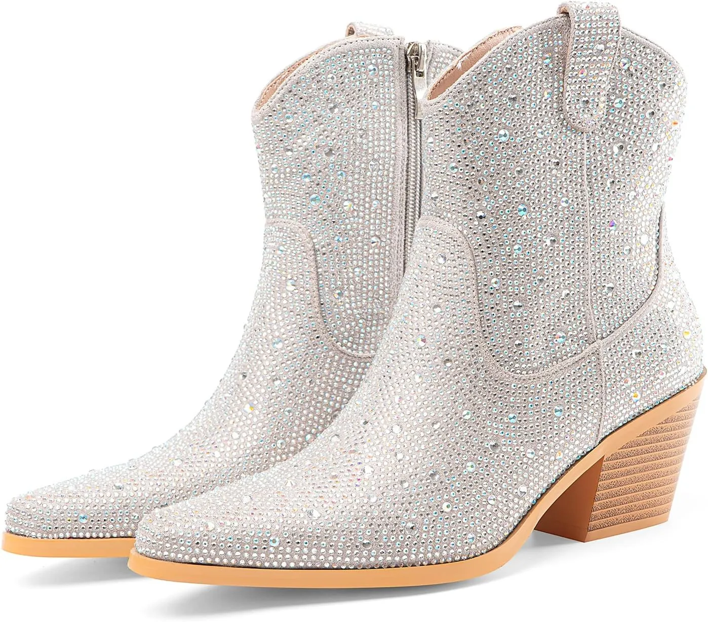Oh Mispares Women's Sparkly Glitter Rhinestone Cowboy Ankle Boots Western Pointed Toe Low Block Heel Cowgirl Booties with Zipper