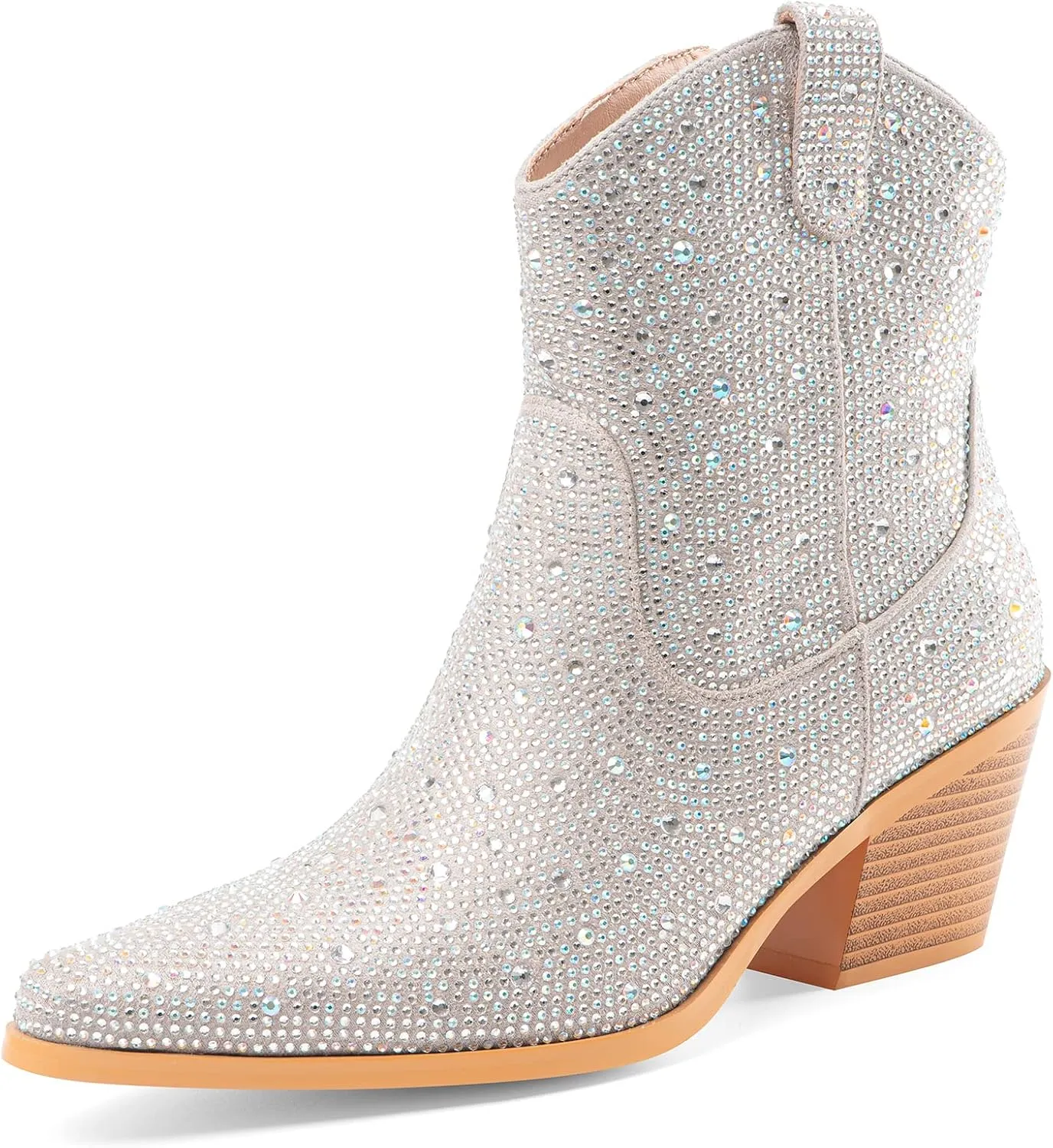 Oh Mispares Women's Sparkly Glitter Rhinestone Cowboy Ankle Boots Western Pointed Toe Low Block Heel Cowgirl Booties with Zipper