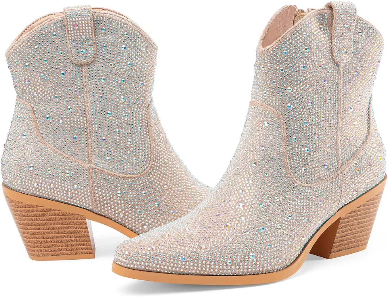 Oh Mispares Women's Sparkly Glitter Rhinestone Cowboy Ankle Boots Western Pointed Toe Low Block Heel Cowgirl Booties with Zipper