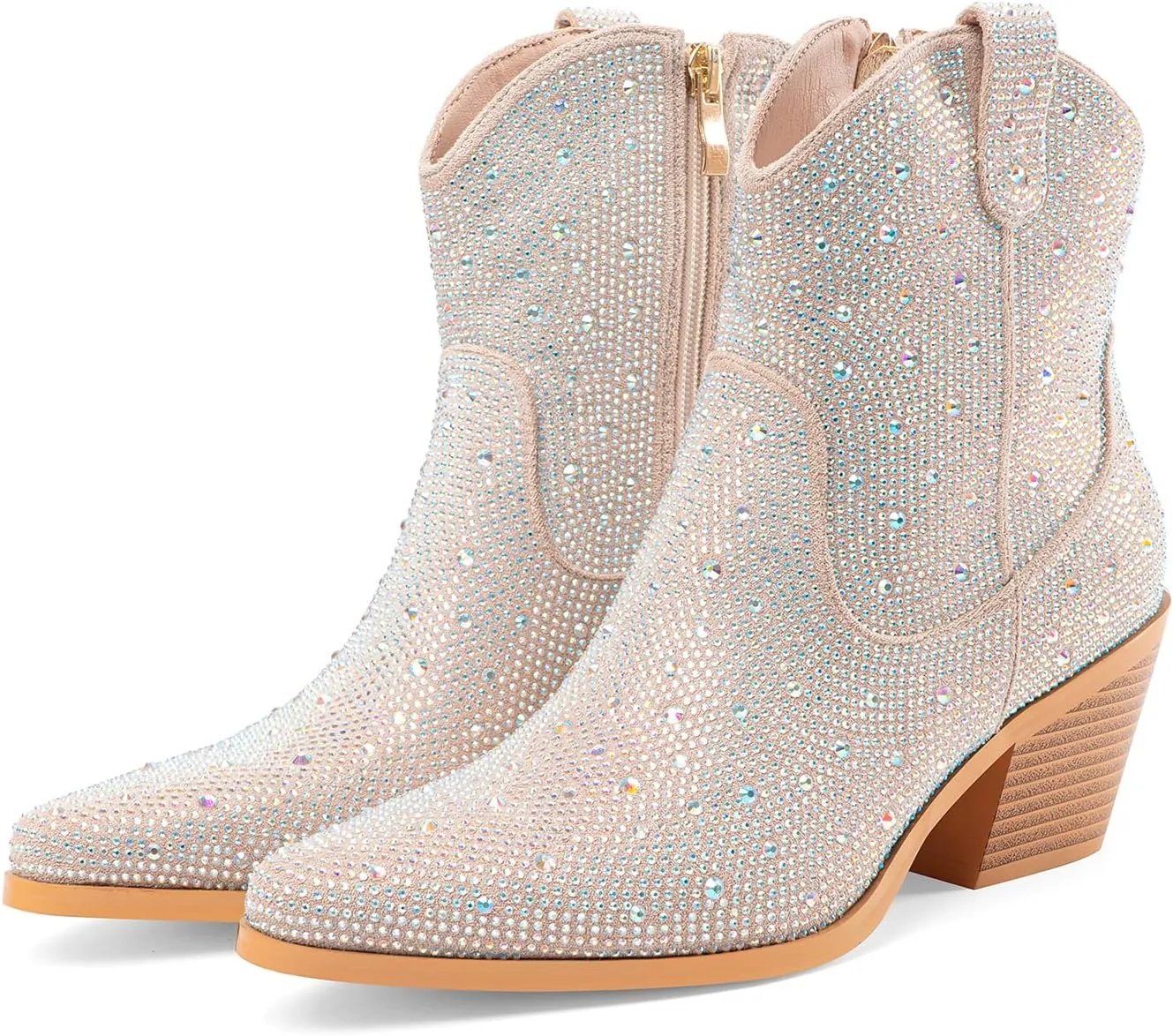 Oh Mispares Women's Sparkly Glitter Rhinestone Cowboy Ankle Boots Western Pointed Toe Low Block Heel Cowgirl Booties with Zipper