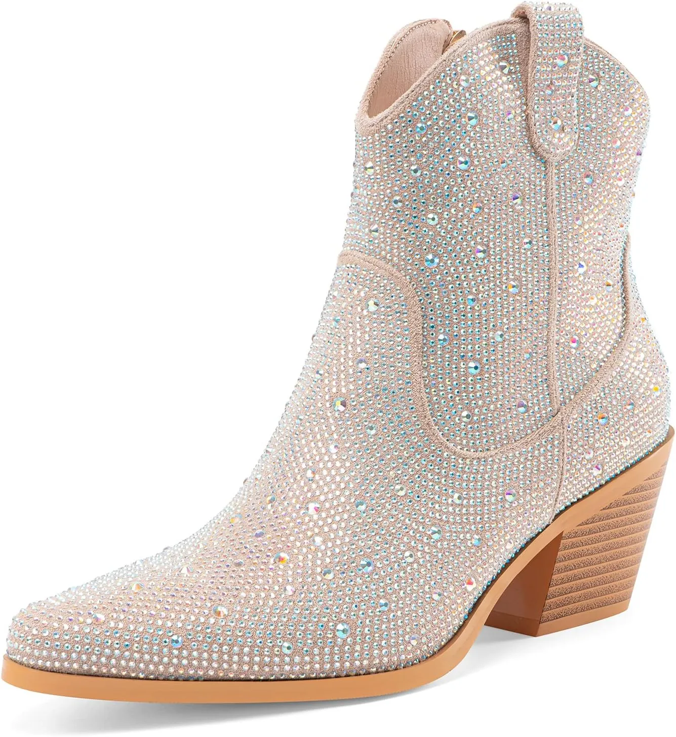 Oh Mispares Women's Sparkly Glitter Rhinestone Cowboy Ankle Boots Western Pointed Toe Low Block Heel Cowgirl Booties with Zipper
