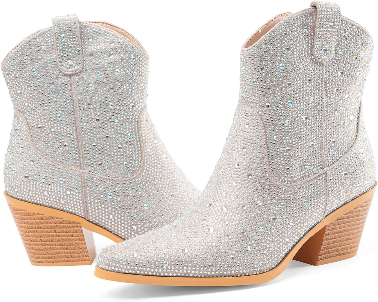 Oh Mispares Women's Sparkly Glitter Rhinestone Cowboy Ankle Boots Western Pointed Toe Low Block Heel Cowgirl Booties with Zipper